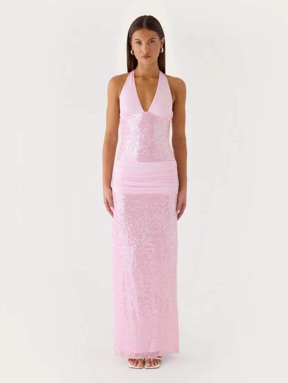 Peppermayo Alenya Sequin Halter Maxi Dress Pink Drop Waist Size 4 NWT